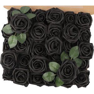 Black Roses Artificial Flowers, 30pcs Real Touch Fake Foam Roses for DIY Bouquet